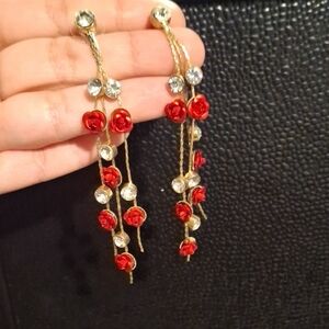 Red and Gold Rose Botanical Earrings with Dangle Design